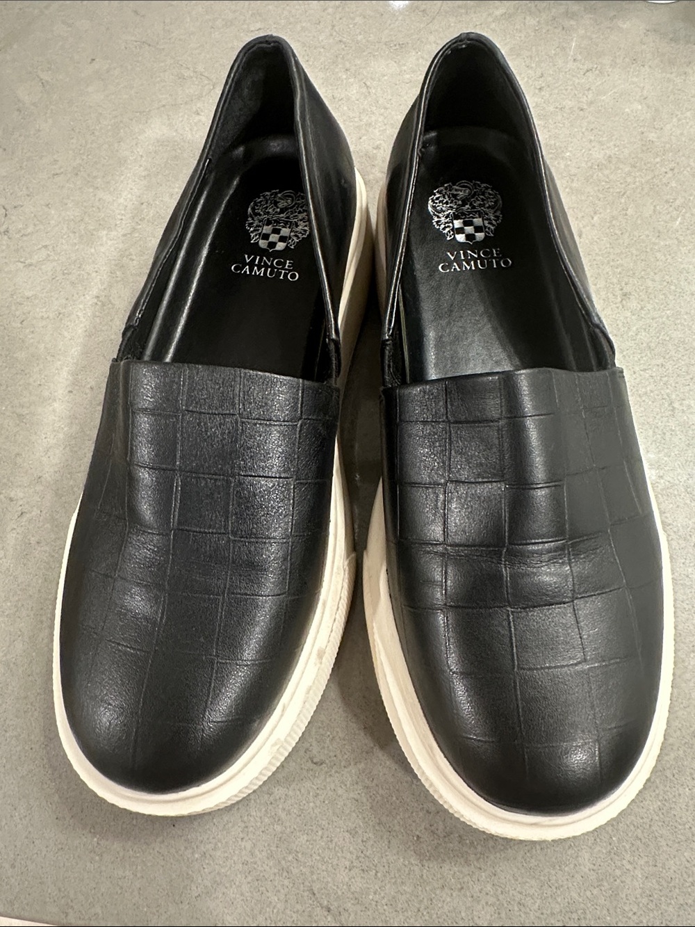 Vince Camuto Black Textured Leather Slip-On Sneakers with Cream Platform
